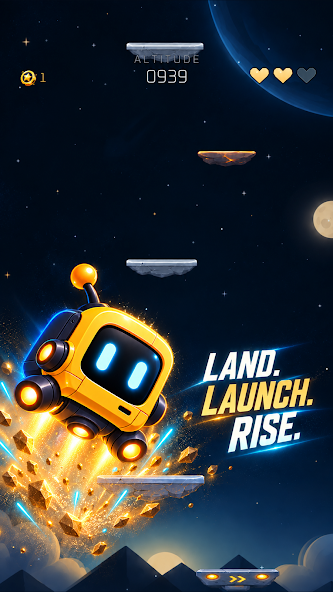 Apogee gameplay: a glowing rover launching between platforms in space